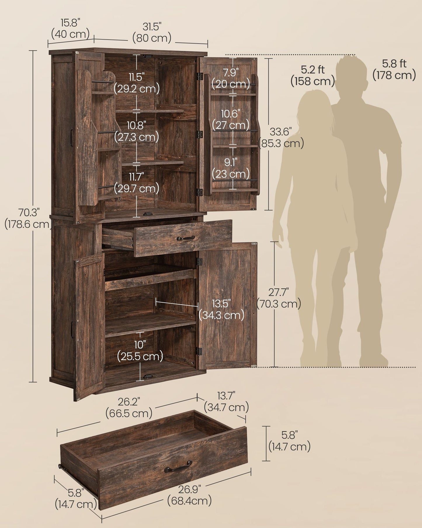 VASAGLE LIRY Collection - Pantry Cabinet, 70.3-Inch Tall Farmhouse Kitchen Storage Cabinet with Barn Doors