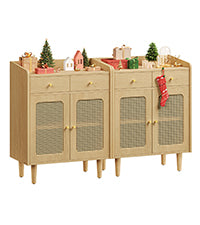 VASAGLE BOHOVEN Collection - Buffet Cabinets, Set of 2, Sideboard Storage Cabinets with Rattan-Like Doors and Drawers, Accent Cabinets, Adjustable Shelf, Boho Style, for Living Room, Oak Beige