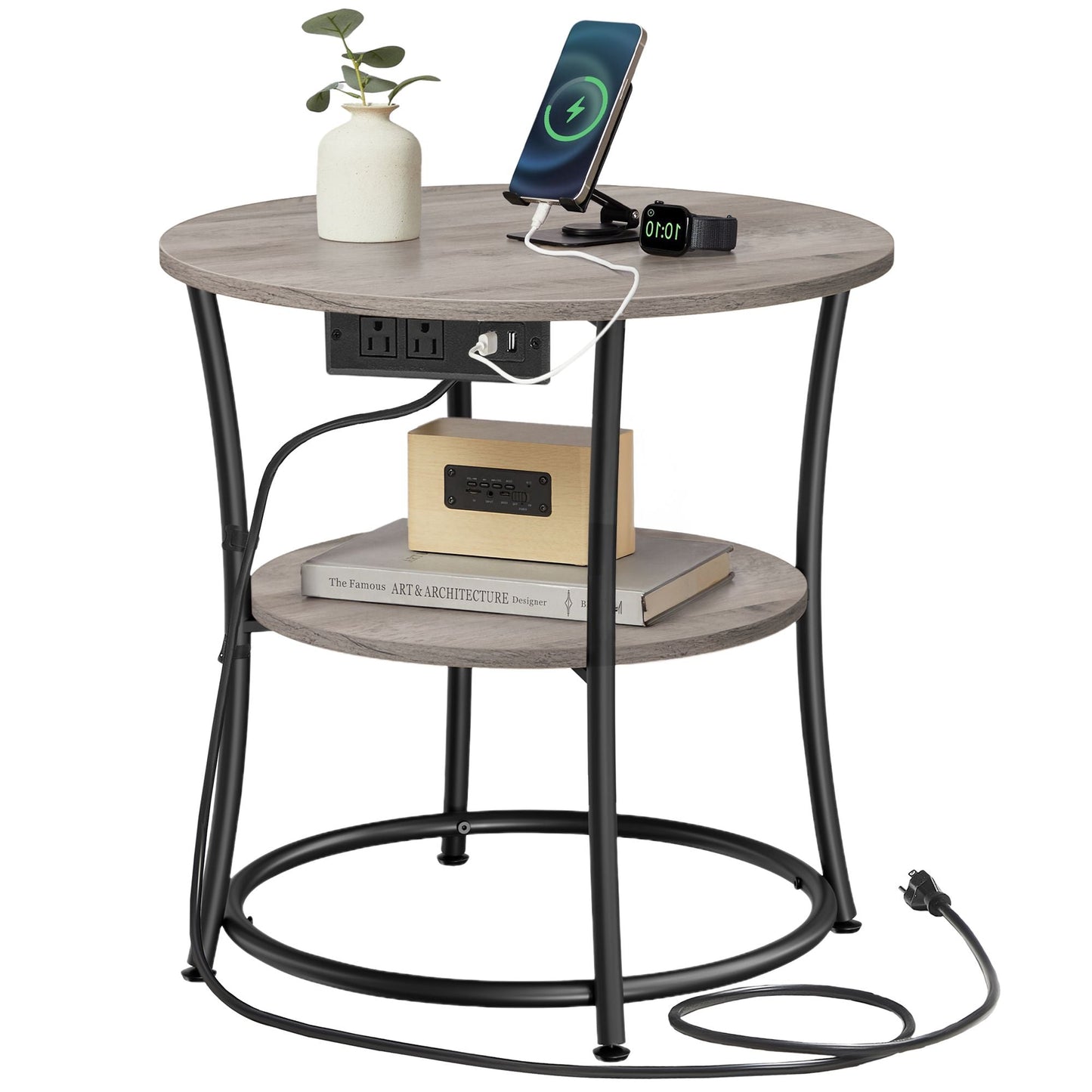 VASAGLE Side Table, 2-Tier Round End Table with Power Outlets