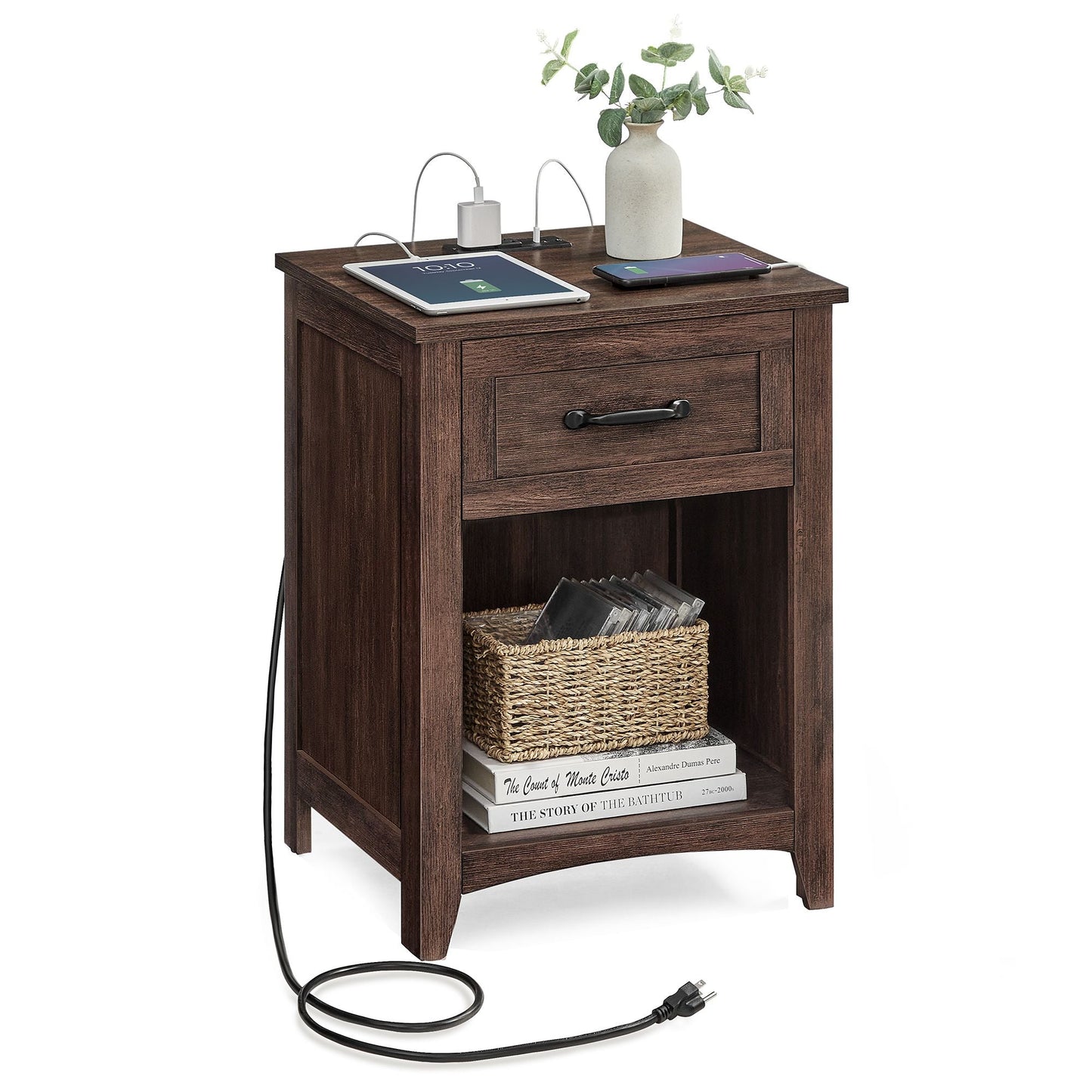 VASAGLE Farmhouse Nightstands with Charging Station, Set of 2, Bedside Tables with Drawer