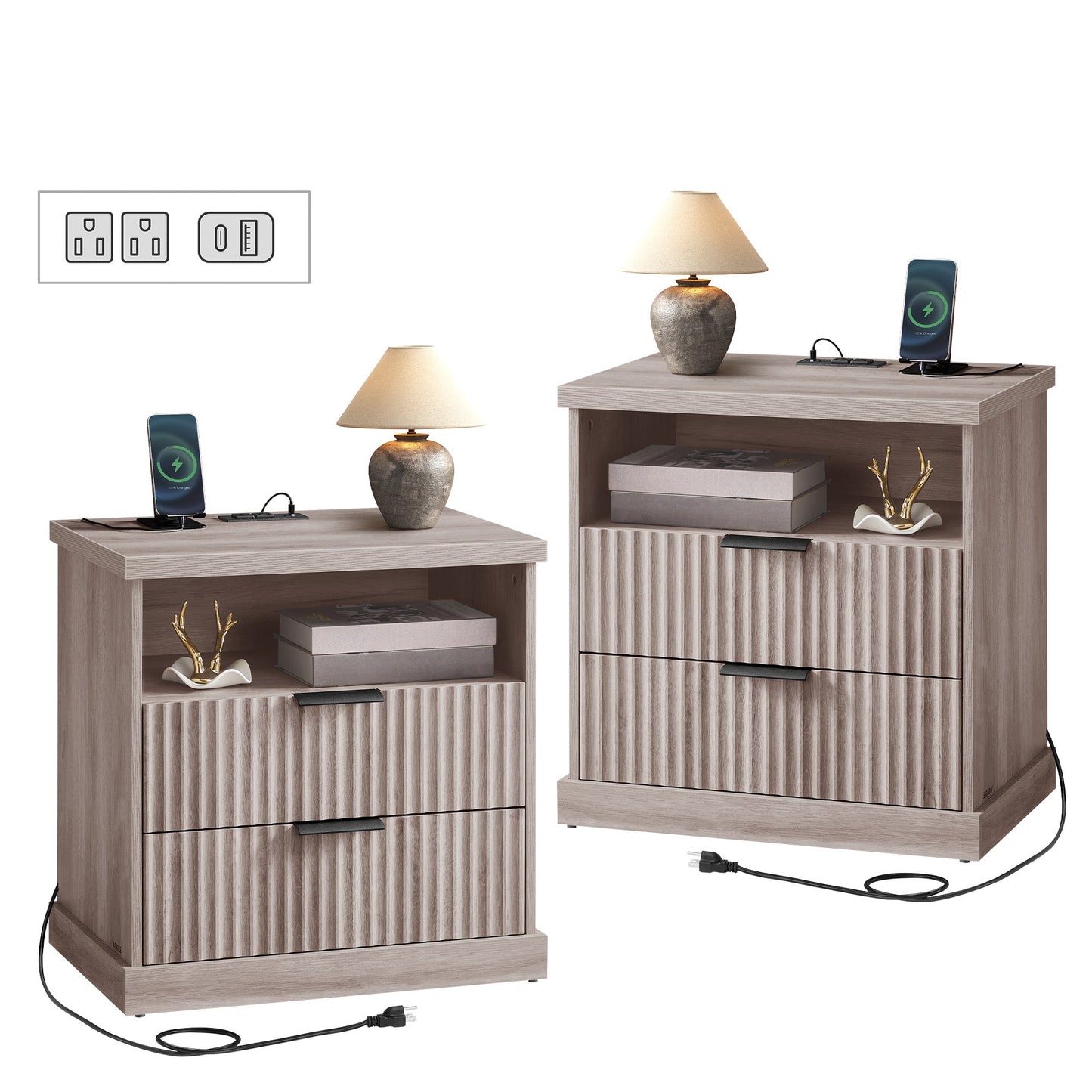 VASAGLE MAXE Collection - Set of 2 Nightstands with Charging Station