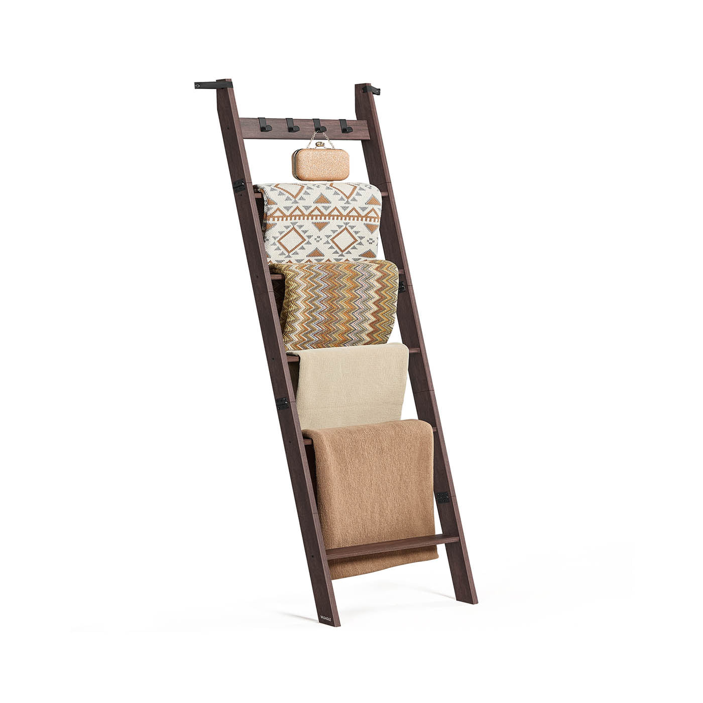 Decorative Farmhouse Blanket Ladder Shelf with Removable Hooks