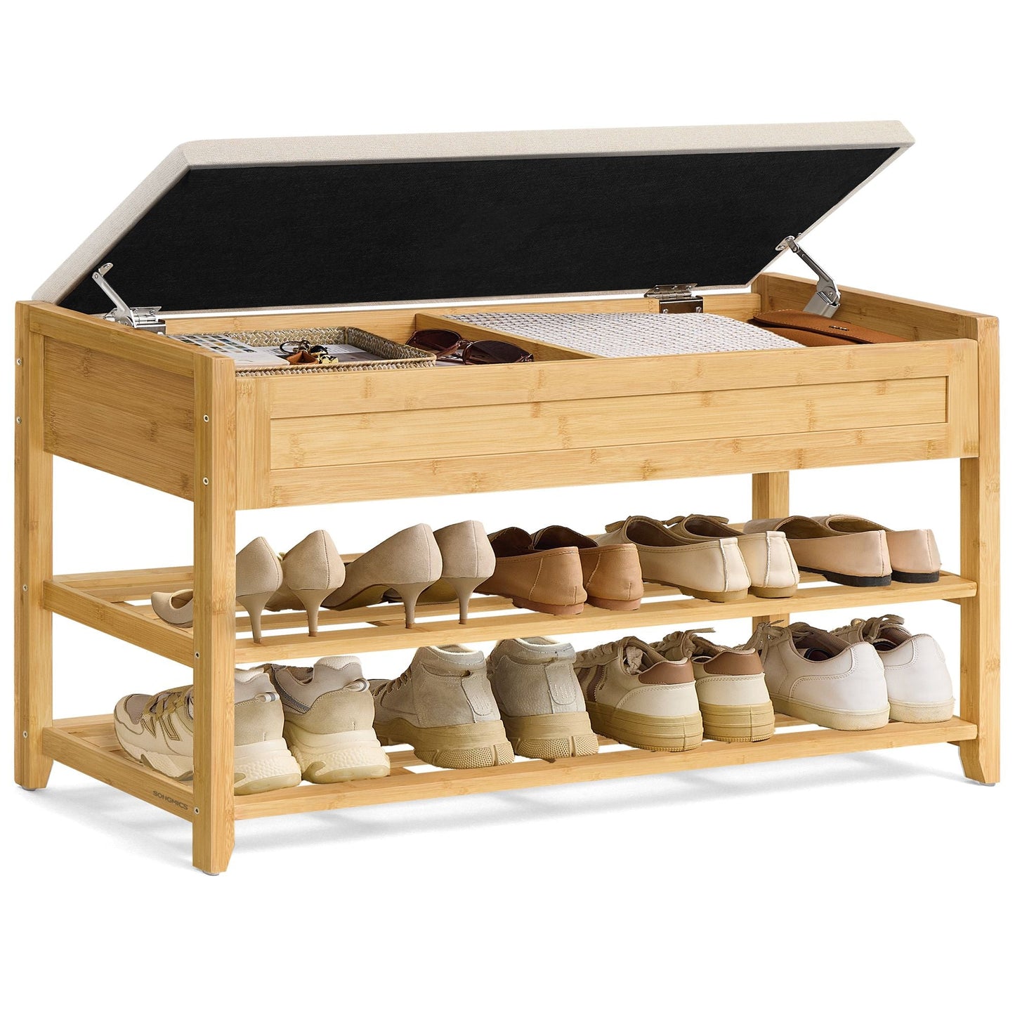 SONGMICS Storage Bench, Bamboo Shoe Rack, Entryway Furniture, 39.4 Inches Wide