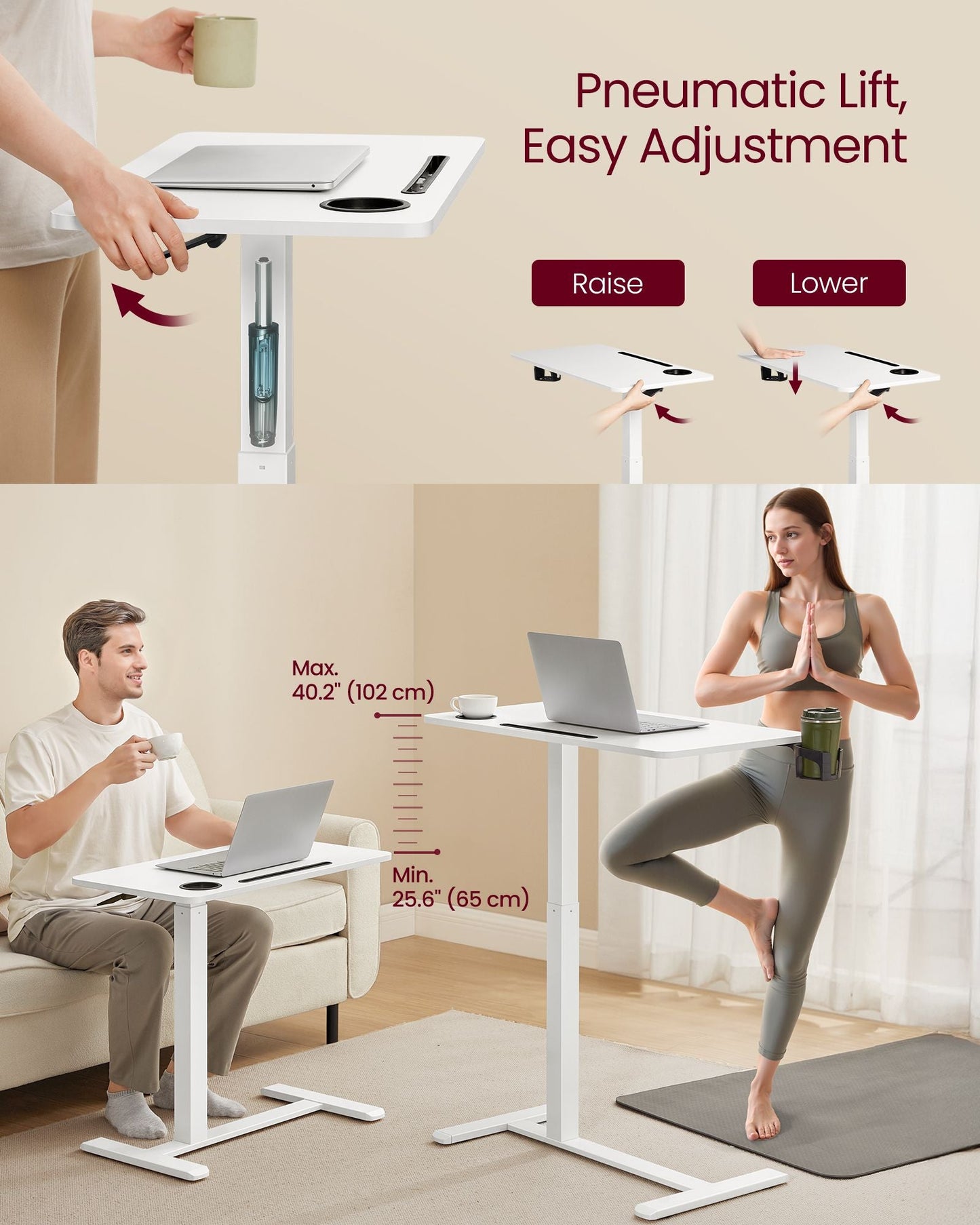 VASAGLE Overbed Table with Wheels, Mobile Standing Computer Desk