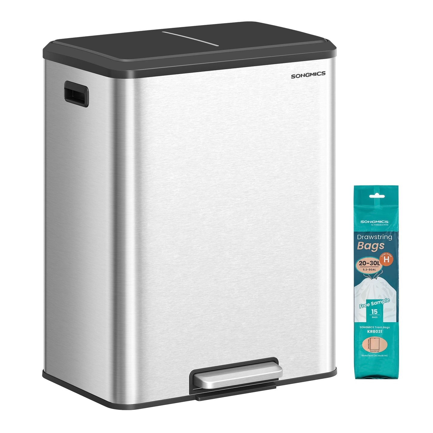 16 Gallon (2 x 8 Gal) Dual Trash Can, Stainless Steel, Soft-Close Lid