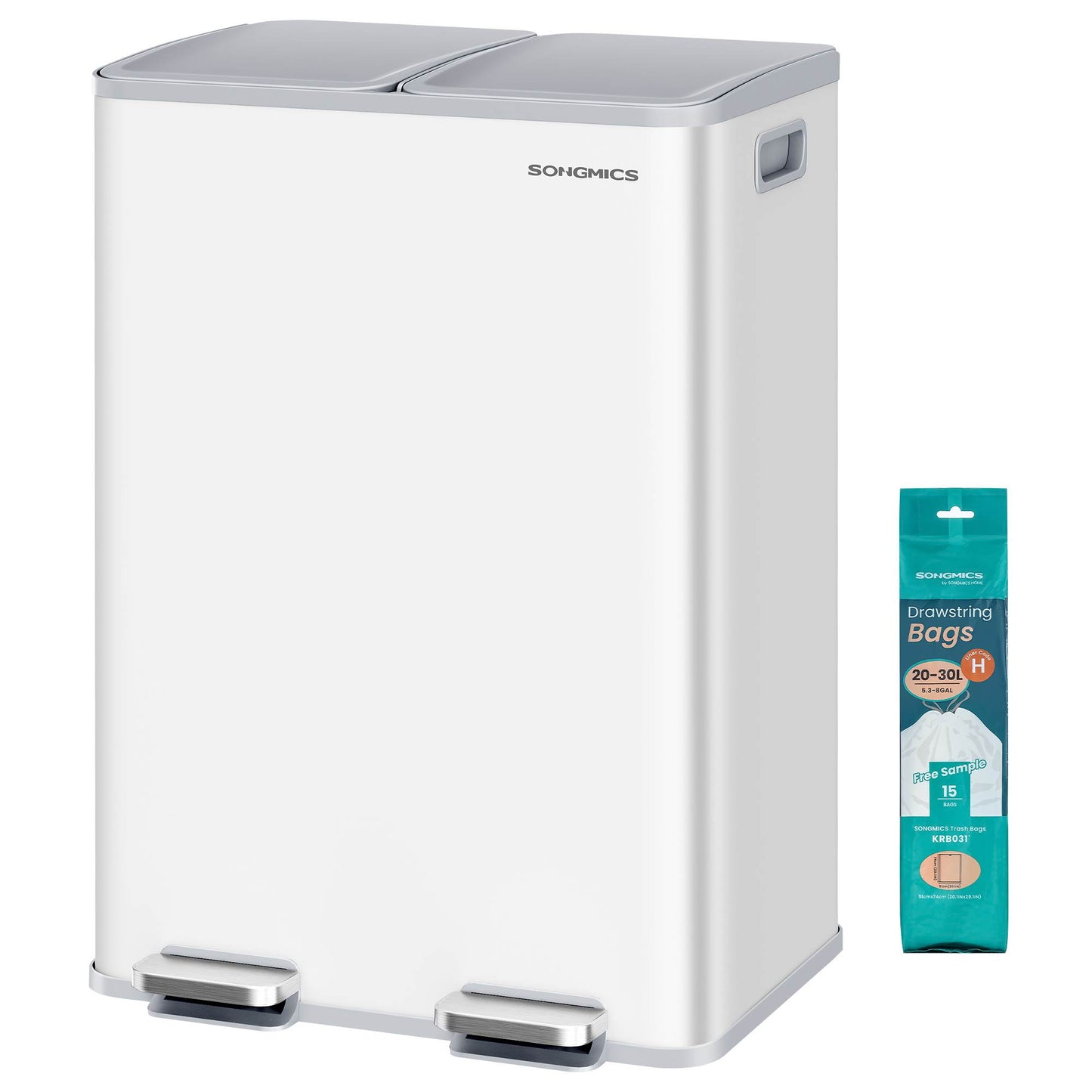 30L x 2 Trash Bin, Dual Pedal, Soft-Close, Stainless Steel, 15 Liners