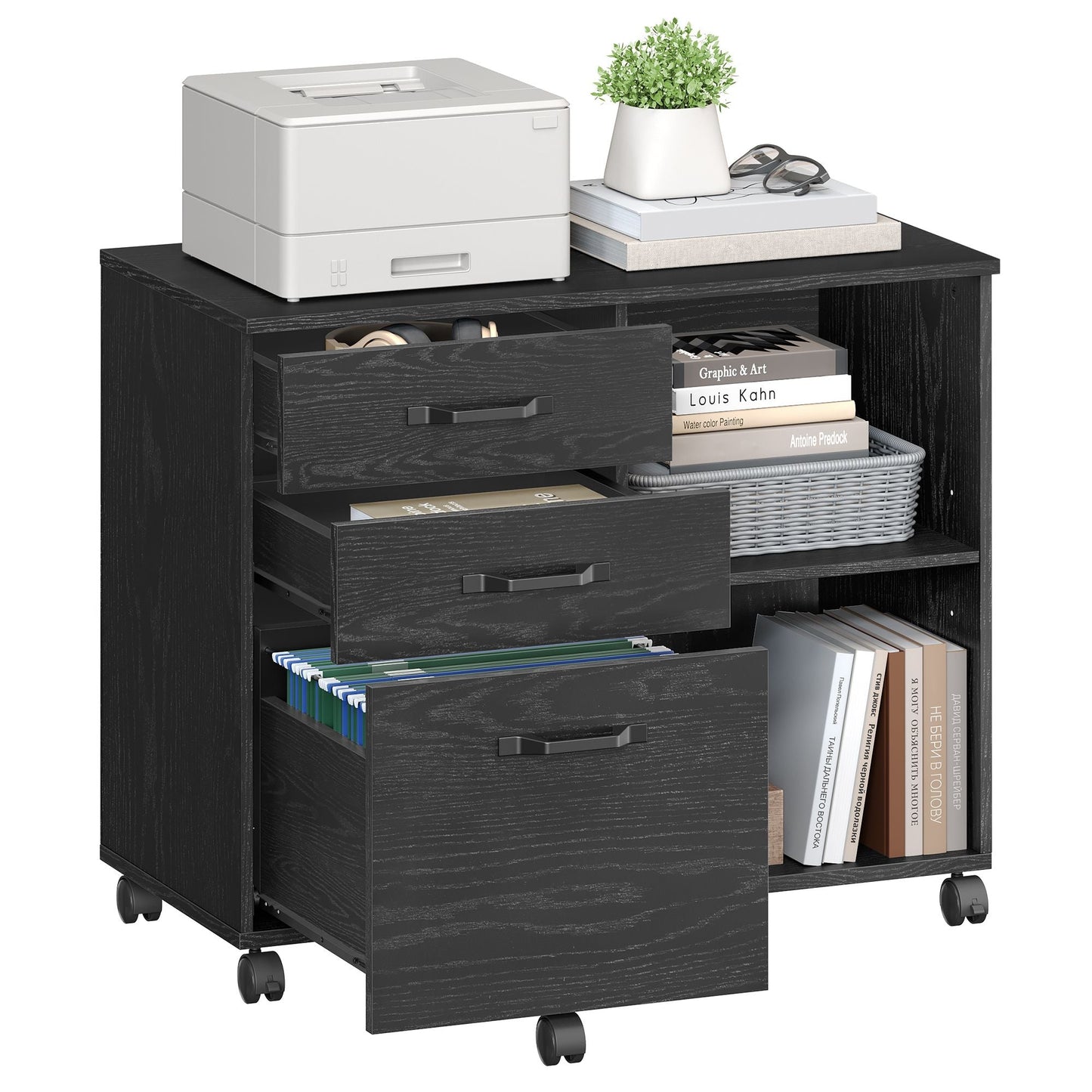 VASAGLE Lateral File Cabinet, Home Office Printer Stand, 3-Drawer Mobile Filing Cabinet with Open Storage Shelves, for A4, Letter-Size Files
