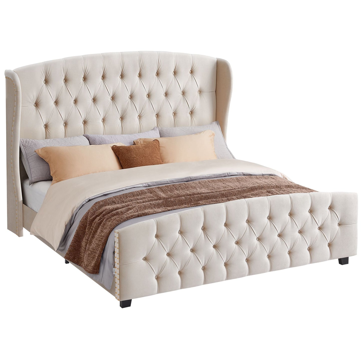 Bed Frame with Tall Headboard and Upholstered Platform