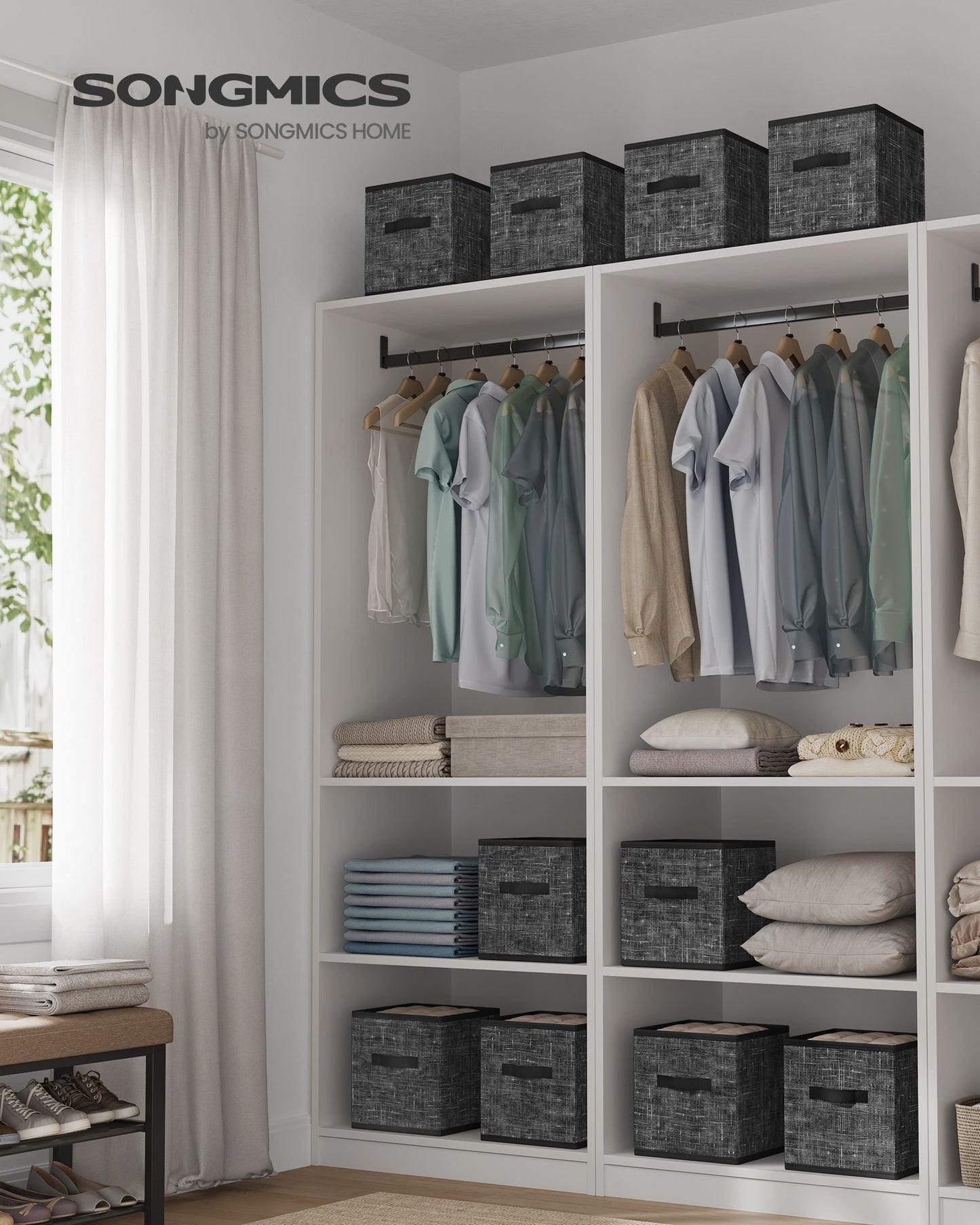 SONGMICS Storage Cubes, Non-Woven Fabric Bins with Double Handles, Set of 10, Closet Organizers for Shelves, Foldable, for Clothes