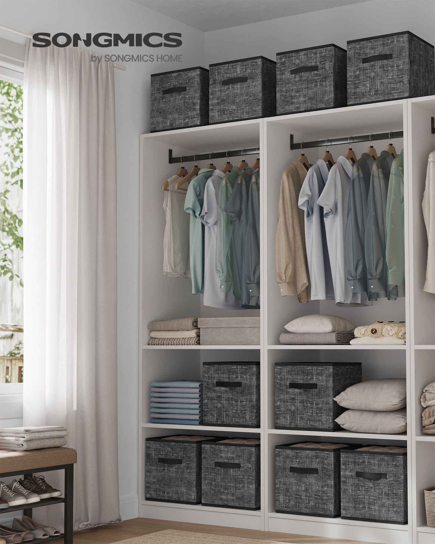 SONGMICS Storage Cubes, Non-Woven Fabric Bins with Double Handles, Set of 10, Closet Organizers for Shelves, Foldable, for Clothes