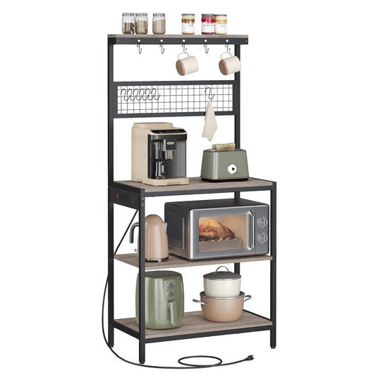 VASAGLE Bakers Rack with Charging Station, 31.5 Inches Coffee Bar Stand with Adjustable Storage Shelf, Grid Panel, 12 Hooks, Table for Microwave, Kitchen, Heather Greige and Ink Black UKKS016K02