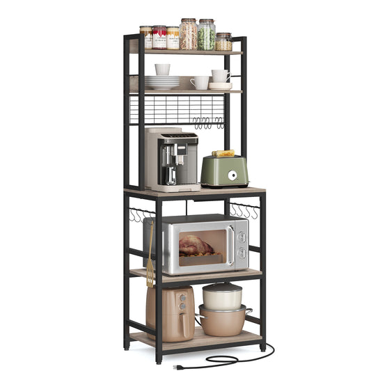 VASAGLE Hutch Bakers Rack with Power Outlet, 14 Hooks Microwave Stand
