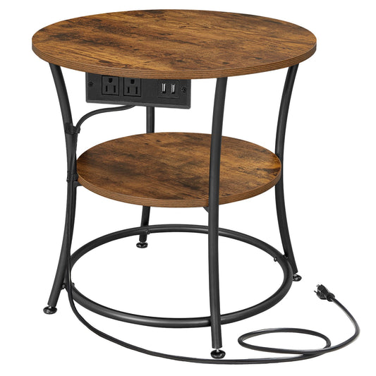 VASAGLE Side Table, 2-Tier Round End Table with Power Outlets