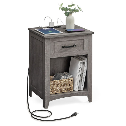 VASAGLE Farmhouse Nightstands with Charging Station, Set of 2, Bedside Tables with Drawer