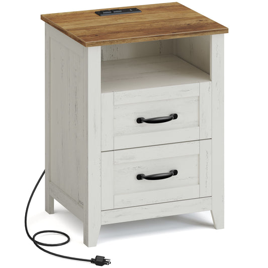 LIRY Collection - Farmhouse nightstand with charging station drawers and open shelf