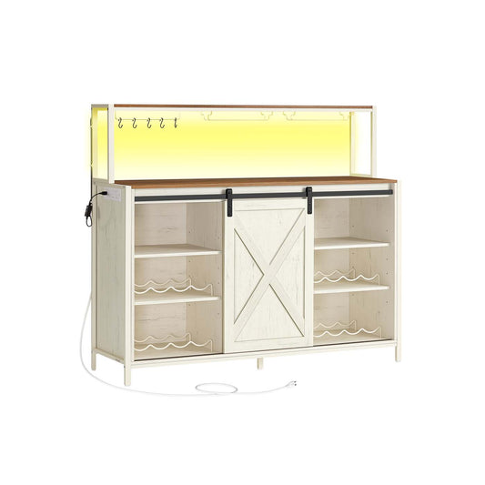 Coffee bar cabinet with power outlet LED light and sliding barn doors