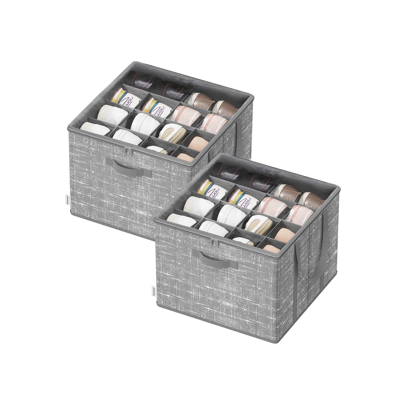 Fabric shoe organizer bin with handles and clear cover