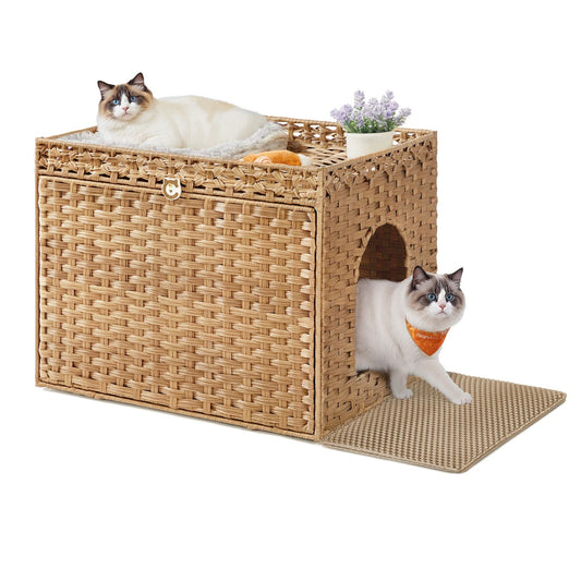 Cat Litter Box Enclosure, Handwoven Rattan Hidden Litter Box Furniture