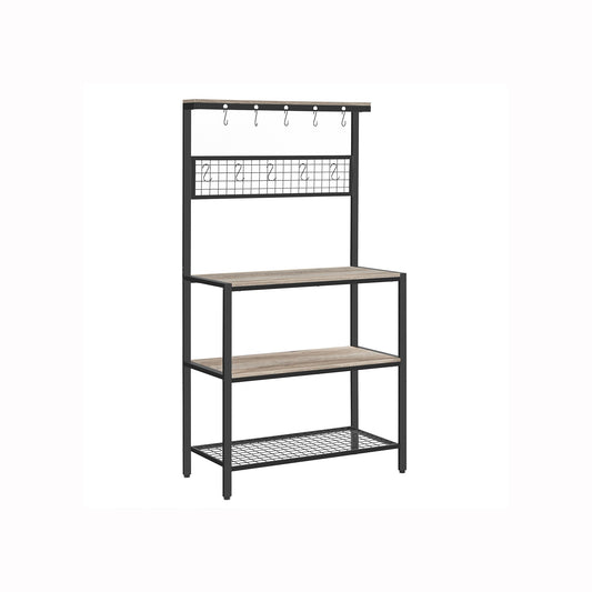 VASAGLE Bakers Rack, Coffee Bar, Kitchen Storage Shelf Rack with 10 Hooks, 3 Shelves, Adjustable Feet, for Microwave Oven, 15.7 x 33.1 x 66.9 Inches, Industrial, Greige and Black