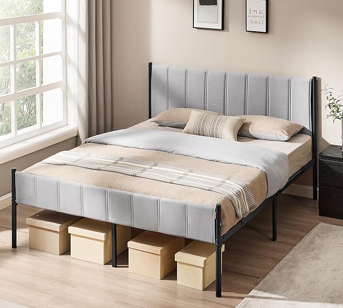 Twin Bed Frame with Upholstered Headboard